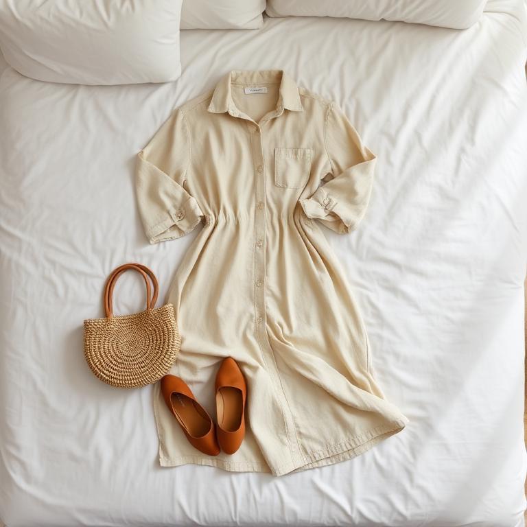 Flat lay of a linen midi dress, woven flats, and a straw tote